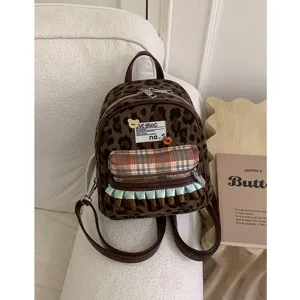 Retro leopard print mini backpack cute fuzzy casual school daypack with plaid front pocket.