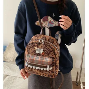 Vintage brown paisley mini backpack for women, retro casual chic student schoolbag chic style.