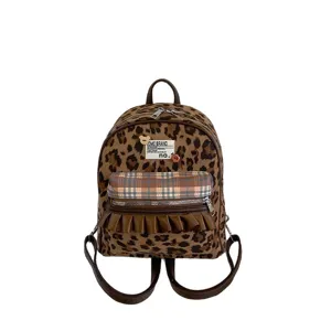 Leopard print velvet backpack for girls, vintage style mini school bookbag with plaid pocket.