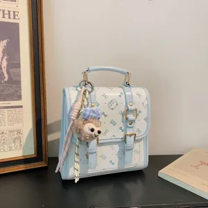 Chic light blue white student style backpack handbag with cute cat bows for daily commute.