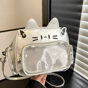 Silver mechanical cat ita bag with transparent front pocket and cute ear design details.