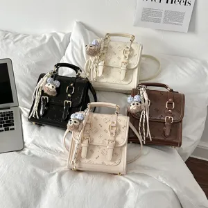 Women PU Leather Backpack Vintage Casual School Bookbag Small Travel Daypack With Cute Plush Pendant Fashion Handbag