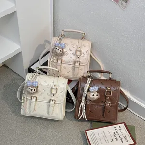 Small PU leather backpack women retro commuter bag cute embossed bear pattern stylish daily daypack