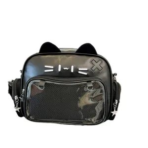 Black PU leather cat ear ita bag with transparent window, cute gothic punk backpack for girls.