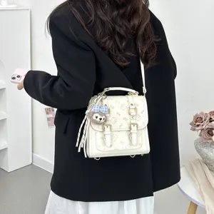 Women stylish vintage mini PU leather backpack chic commuter daypack with cute plush bear charm
