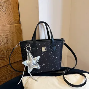 Borsa a mano shopper e tracolla in pelle PU nera con stampa stelle per donna