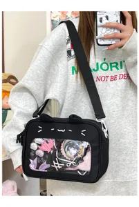 Black cat ita bag with transparent window, cute shoulder crossbody bag for student daily cute style