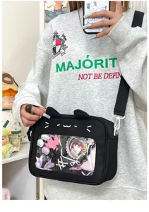 Detailed close-up view of the cute black cat ita bag with a clear window for pins and badges.