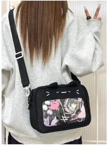 Black cat ear ita bag transparent window crossbody shoulder bag cute daily use for students
