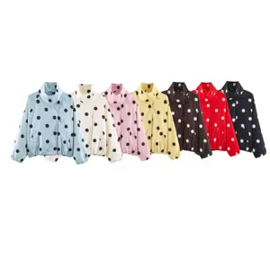 Women Casual Polka Dot Print Stand Collar Zip Up Bomber Jacket Long Sleeve Loose Streetwear Outerwear