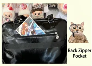 Detail view of black PU ita bag back zipper pocket, transparent display window design.
