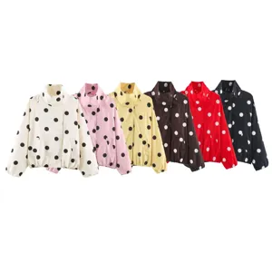 Stylish women polka dot print bomber jacket multi color variant display options.