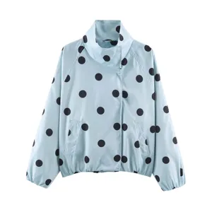 Light blue polka dot print pilot jacket with stand collar and pockets for women style.