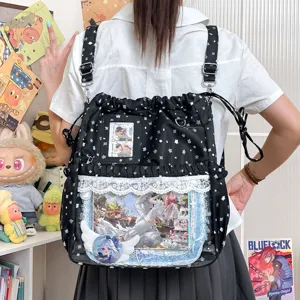 Joli sac à dos Harajuku avec motif d'étoiles pour femmes, doté d'une poche transparente.