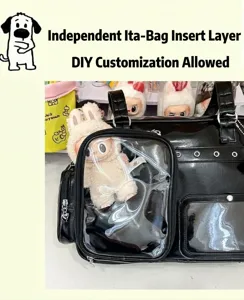 Black PU transparent ita bag detail, large capacity crossbody bag for daily school commute.
