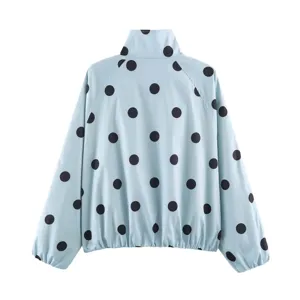 Womens light blue black polka dot print pilot jacket casual long sleeve zip coat