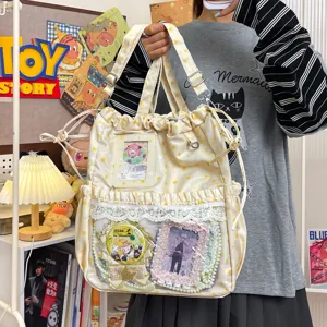 Charmant sac à dos ita Harajuku imprimé étoiles en toile avec poche transparente quotidienne.