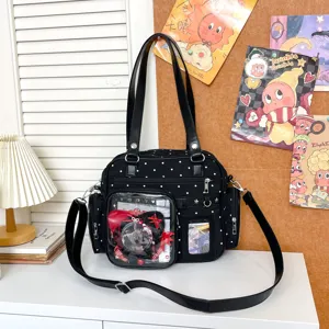 Black polka dot ita bag with clear window, cute star canvas shoulder bag for daily use.