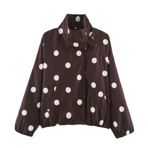 Brown white polka dot high collar bomber jacket women fashion street style outerwear