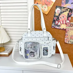 Cute white polka dot ita bag with clear window and shoulder straps, perfect for anime fans daily use.