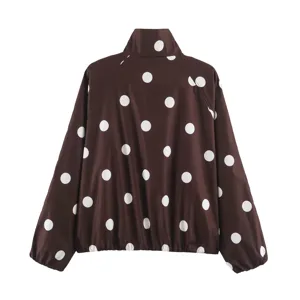 Women brown polka dot jacket casual street style long sleeve zip up pilot coat outerwear.