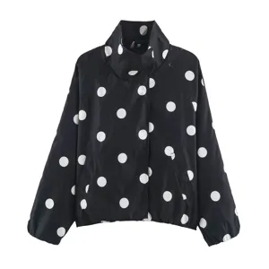Women fashion street polka dot print bomber jacket, casual stand collar outerwear.