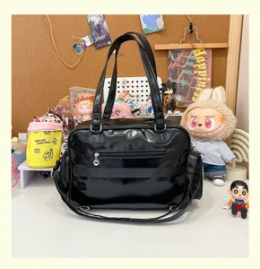 Black glossy PU shoulder crossbody bag, large capacity Japanese style itabag for daily commute.