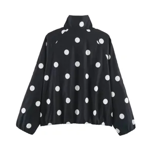 Women black white polka dot print flight jacket back view, stylish street casual outerwear.