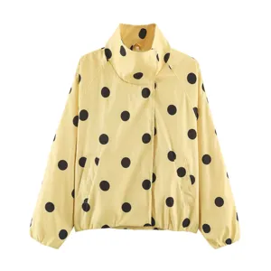 Women fashion yellow black polka dot print stand collar casual zipper bomber jacket outerwear