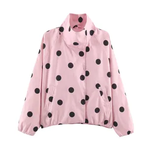 Stylish pink black polka dot print women high collar fashion bomber jacket outerwear