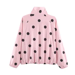 Pink black polka dot bomber jacket detail view stylish streetwear casual fashion apparel.