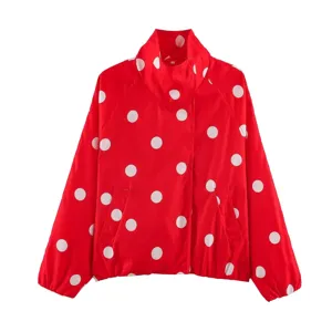 Women red white polka dot print bomber jacket casual stylish streetwear autumn coat top