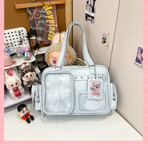Japanese style clear ita bag, large capacity blue shoulder crossbody bag for anime fans.