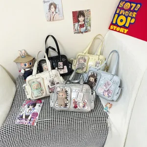 Women Itabag Large Capacity Transparent Window Crossbody Bag PU Leather School Commuting Casual Shoulder Bag