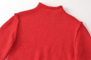 Roter Strickware Stehkragen Pullover Detail Nahaufnahme weiche Textur und Kragen.
