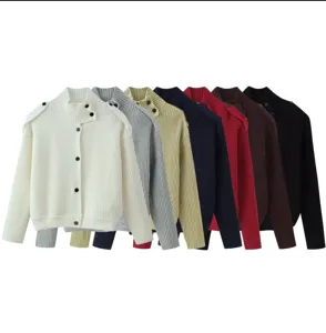 Women European style loose button high collar ribbed knit cardigan sweater outerwear