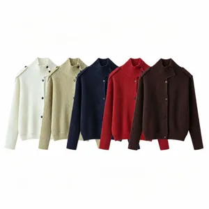 Women's high neck ribbed knit cardigan sweater outerwear, loose fit button-up style detail view.