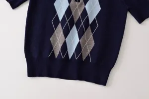 Jersey de punto de manga corta azul marino clásico con elegante patrón argyle, top.