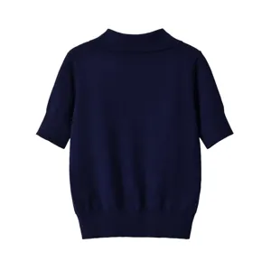 Top de punto de manga corta para mujer azul marino liso jersey de verano casual chic
