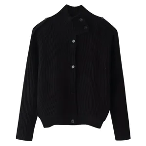 Women's black ribbed knit cardigan with high mock neck, stylish button closure and chic shoulder epaulets.