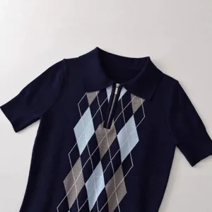 Dames Donkerblauw Argyle Gebreid Polo Shirt Korte Mouw Casual Top Hoofdfoto