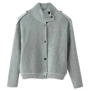 Grey high mock neck ribbed knit cardigan sweater outerwear for women, loose button-up style.