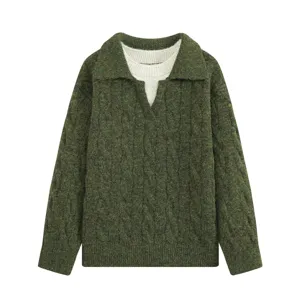 Women's dark green cable knit sweater fake two piece polo collar casual stylish top.