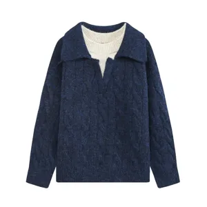 Women's contrast lapel fake two-piece knit sweater, stylish casual ribbed texture top.
