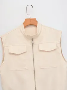 Close up detail of women casual solid beige stand collar sleeveless zip up vest jacket.