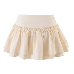Beige geribde gelaagde minirok voor dames, getailleerde A-lijn modieuze streetwear.