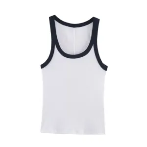 Women's casual slim fit ribbed U-neck sleeveless tank top with contrast trim in white
