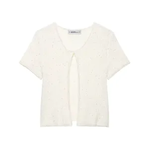 Cardigan in maglia con filo metallico a maniche corte, top casual in maglia bianca da donna