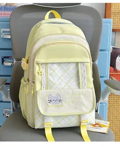 Zaino scolastico giallo carino con finestra trasparente, stile giapponese dolce per donne.