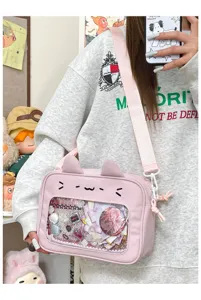 Korean style cute pink cat ear ita bag with transparent window for anime badges and daily use.